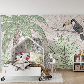 Safari theme wallpaper creating tropical kids bedroom with koala and zebra design