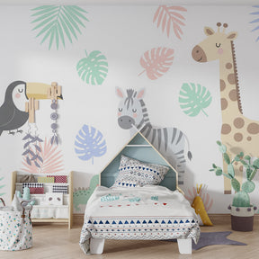 Jungle theme mural wallpaper featuring toucan and giraffe in children's room setting