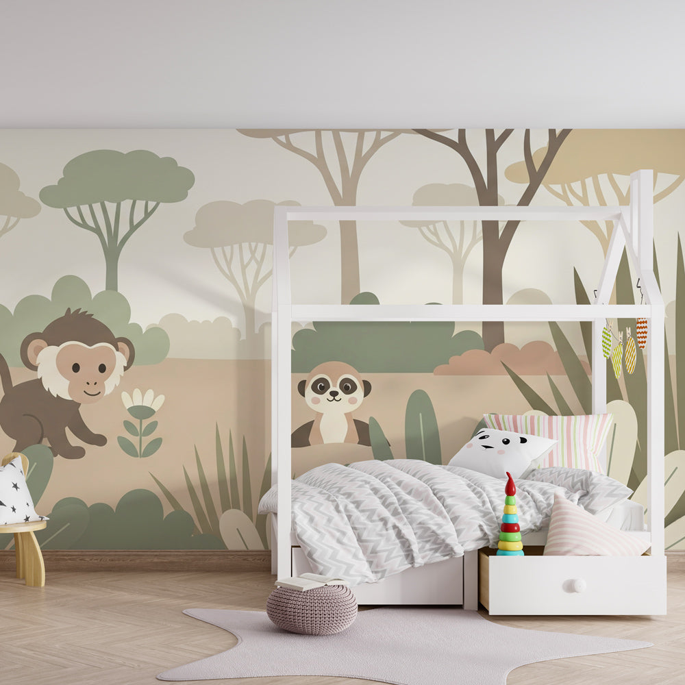 Safari-themed jungle wallpaper creating adventurous kids bedroom with tropical animals