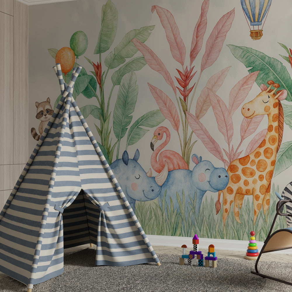 Watercolor safari animals wallpaper creating playful atmosphere in children's bedroom