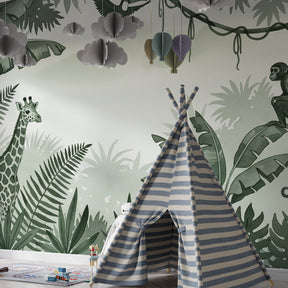 Black and white jungle wallpaper with tropical animals for modern kids bedroom decor