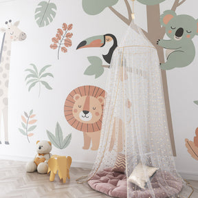Safari themed children's bedroom with gentle jungle animals wallpaper in pastel tones
