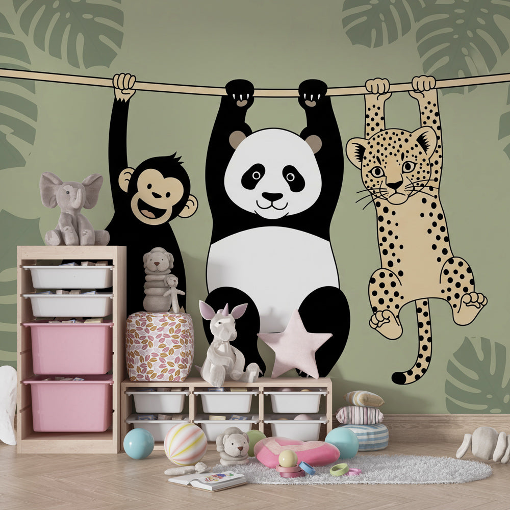 Safari themed kids bedroom featuring monkey panda leopard mural wallpaper by Kids-Mundo