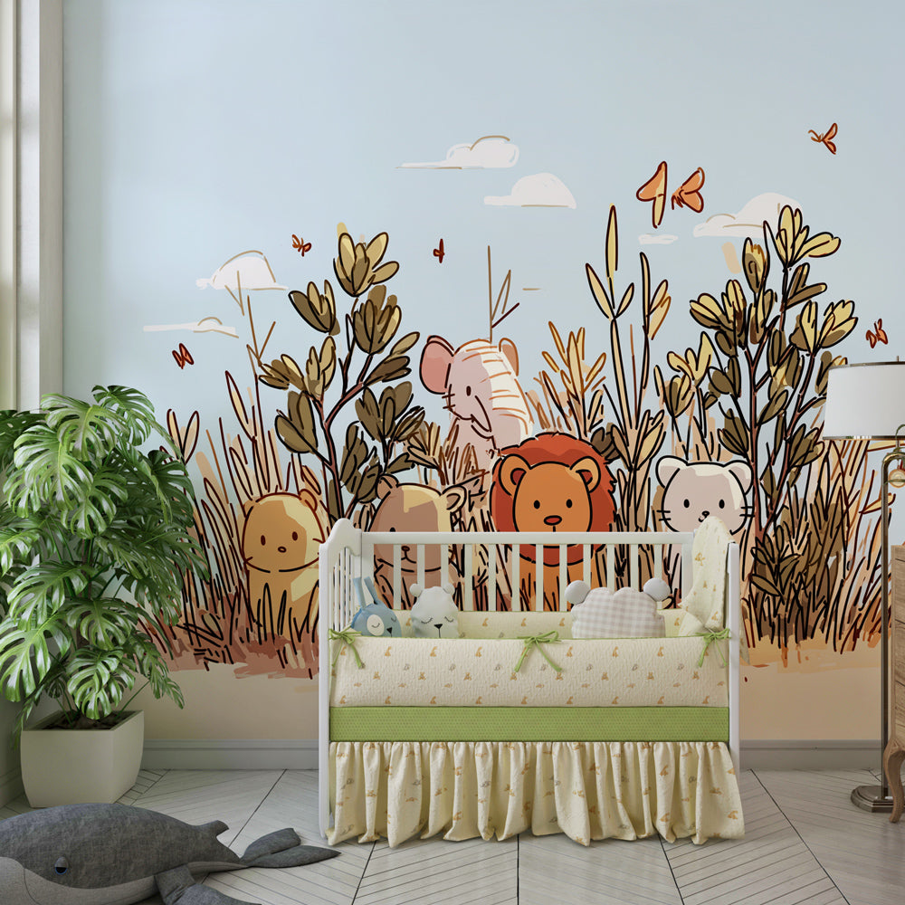 Safari animals wallpaper creating playful kids bedroom with elephants and lions theme