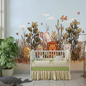 Safari animals wallpaper creating playful kids bedroom with elephants and lions theme