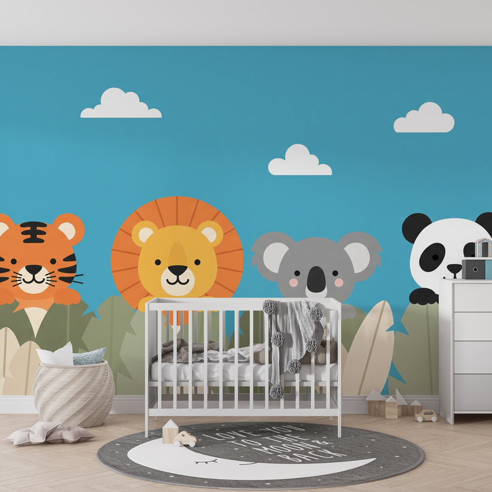 Safari animals wallpaper with tiger, lion, koala and panda in tropical children's bedroom setting