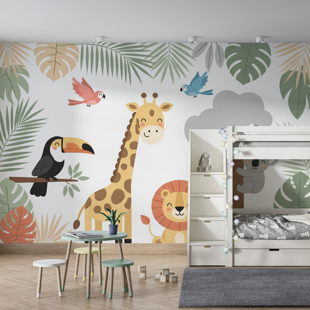 Tropical safari wallpaper featuring lion and giraffe in modern kids bedroom setting