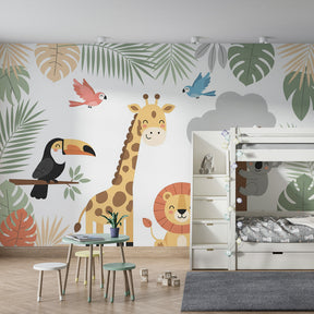 Tropical safari wallpaper featuring lion and giraffe in modern kids bedroom setting