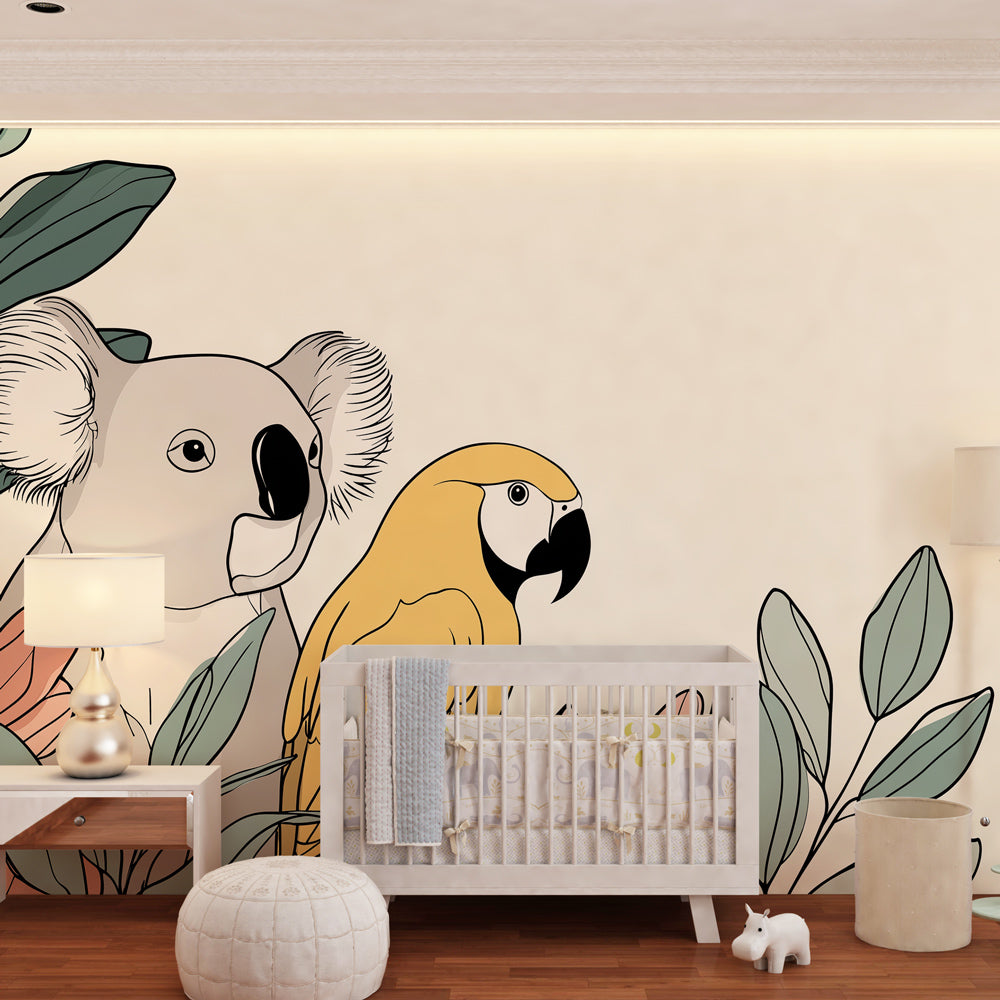 Safari animal wallpaper creating tropical paradise in children's bedroom with natural decor