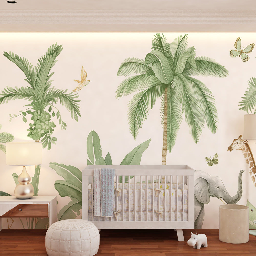 Safari themed mural wallpaper creating adventure atmosphere in children's bedroom