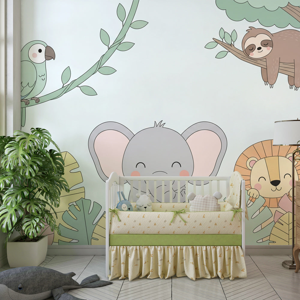 Safari adventure wallpaper creating playful jungle atmosphere in children's bedroom decor