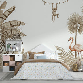 Exotic animals wallpaper with monkey and zebra transforming kids bedroom into jungle adventure