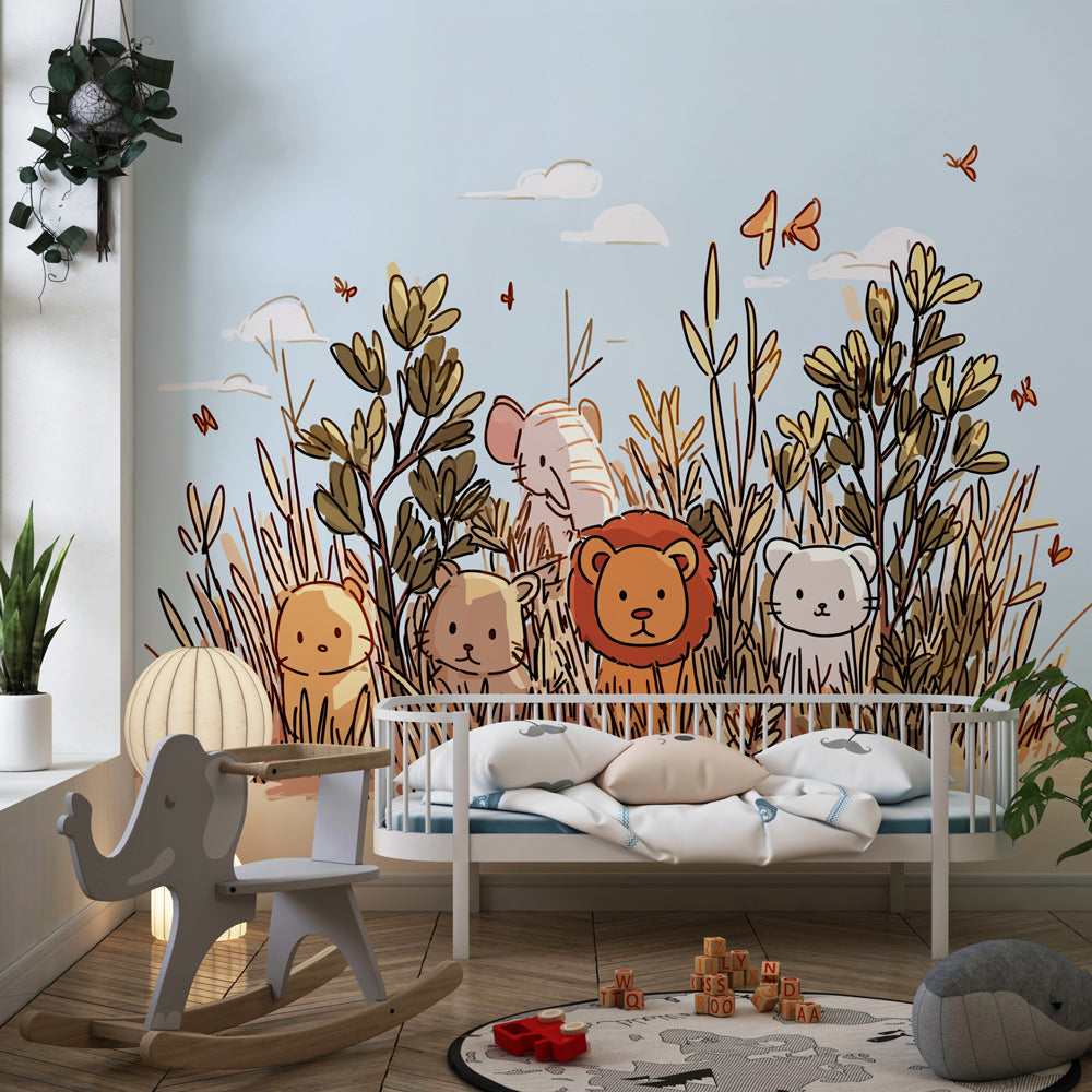 Cute jungle animals mural wallpaper with blue sky background in children's room setting