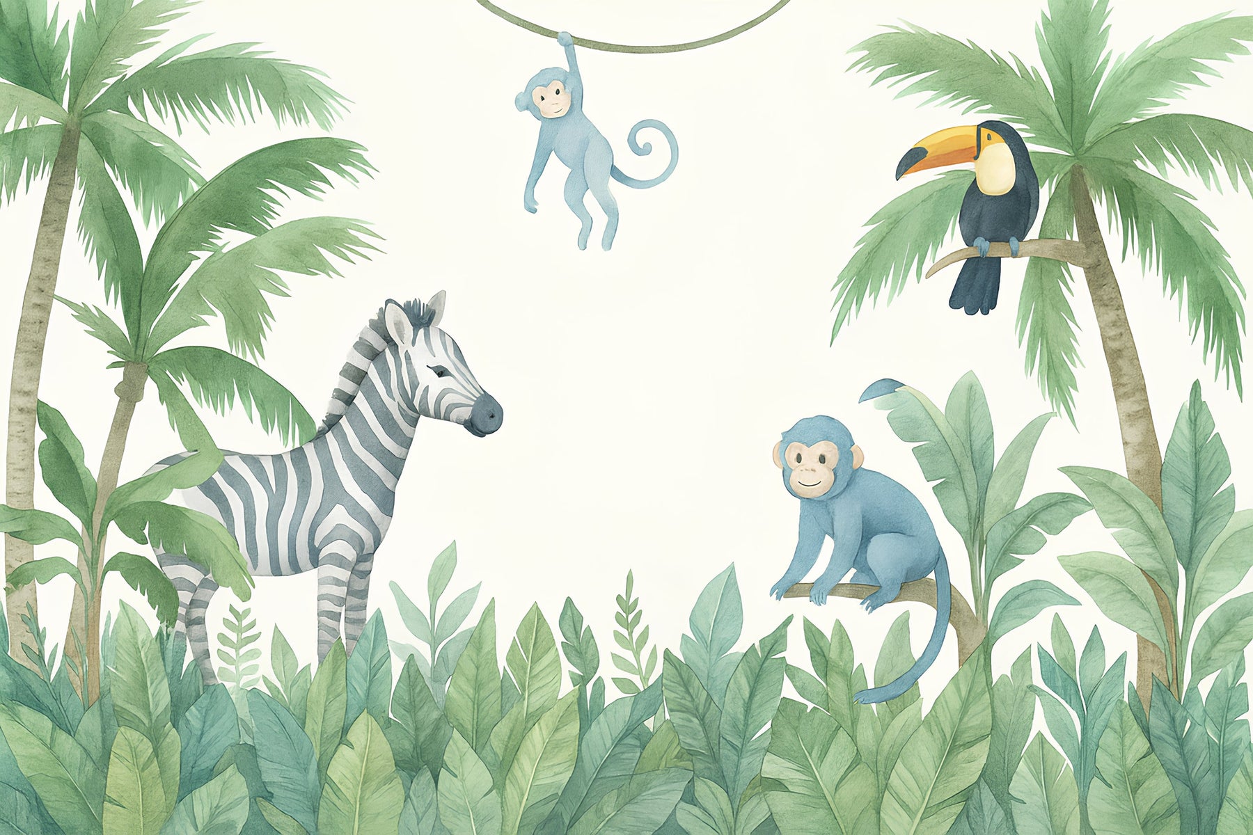 Detailed jungle animals mural wallpaper design pattern with zebra monkey toucan by Kids-Mundo