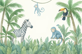 Detailed jungle animals mural wallpaper design pattern with zebra monkey toucan by Kids-Mundo