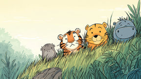 Detailed jungle animals mural wallpaper design pattern showing tigers and hippo by Kids-Mundo