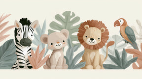 Detailed jungle animals mural wallpaper design pattern showing safari characters and foliage by Kids-Mundo