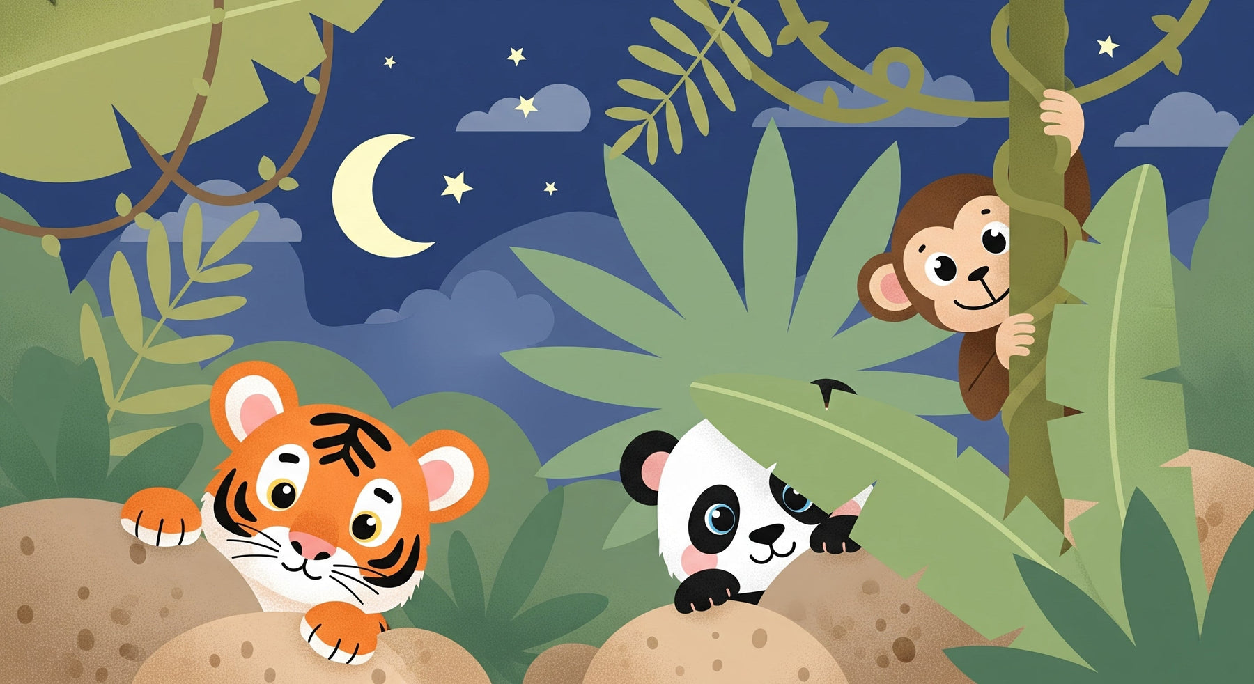 Detailed jungle animals mural wallpaper design pattern with tiger, panda and monkey by Kids-Mundo