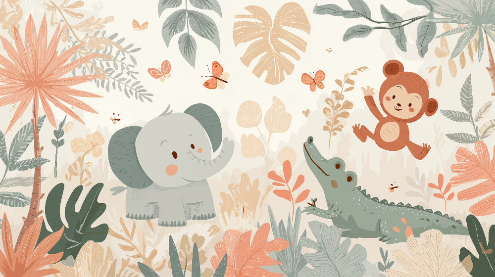 Detailed jungle animals mural wallpaper design pattern showing elephant monkey crocodile by Kids-Mundo