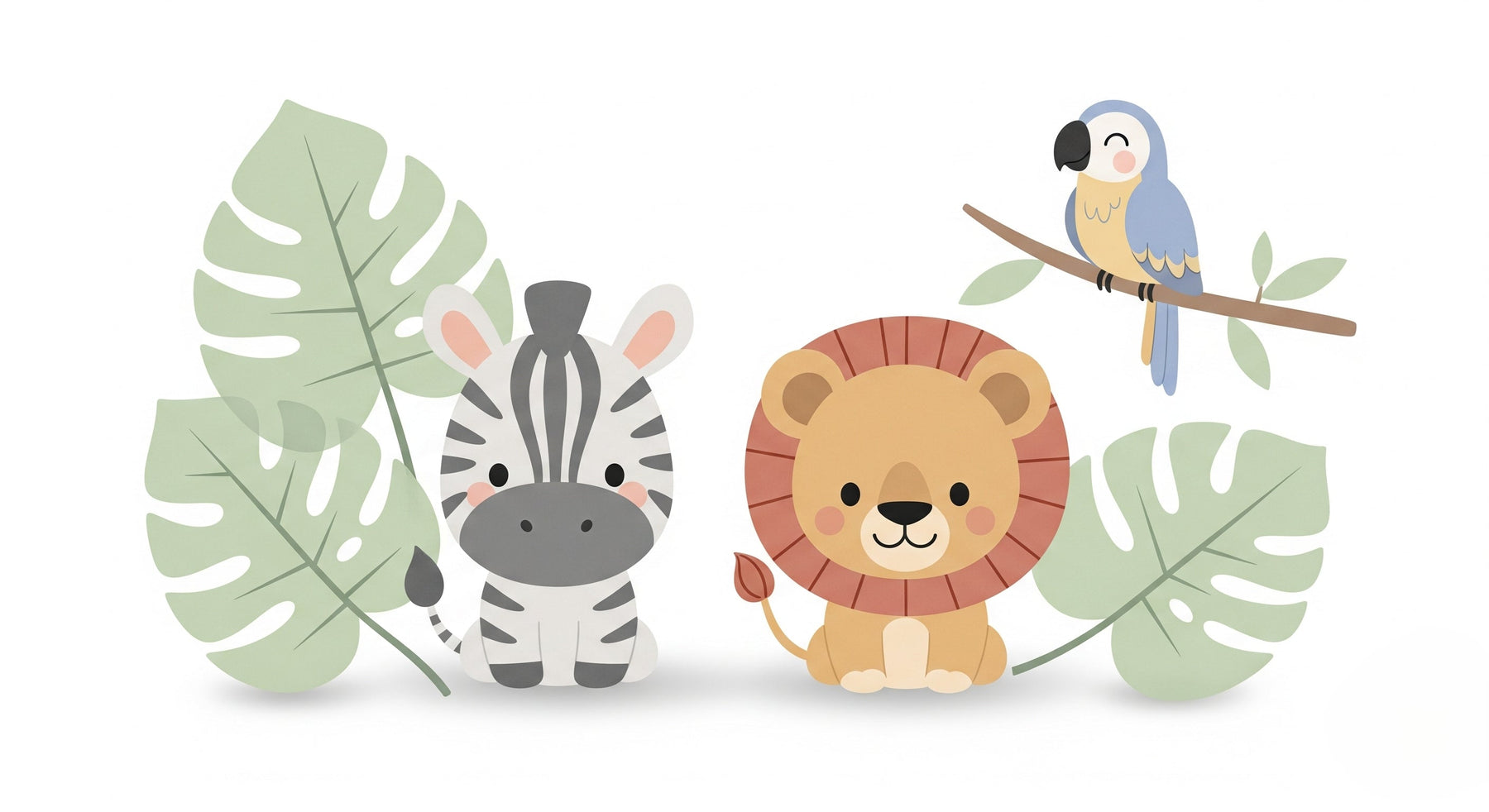 Detailed jungle animals mural wallpaper design pattern featuring zebra, lion and parrot by Kids-Mundo