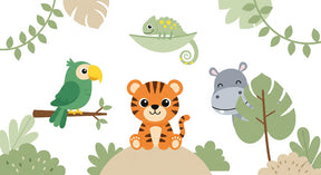 Detailed jungle animals mural wallpaper design pattern with tiger, parrot, chameleon and hippo by Kids-Mundo