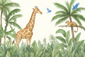 Detailed jungle animals mural wallpaper design pattern with giraffe leopard and tropical birds by Kids-Mundo