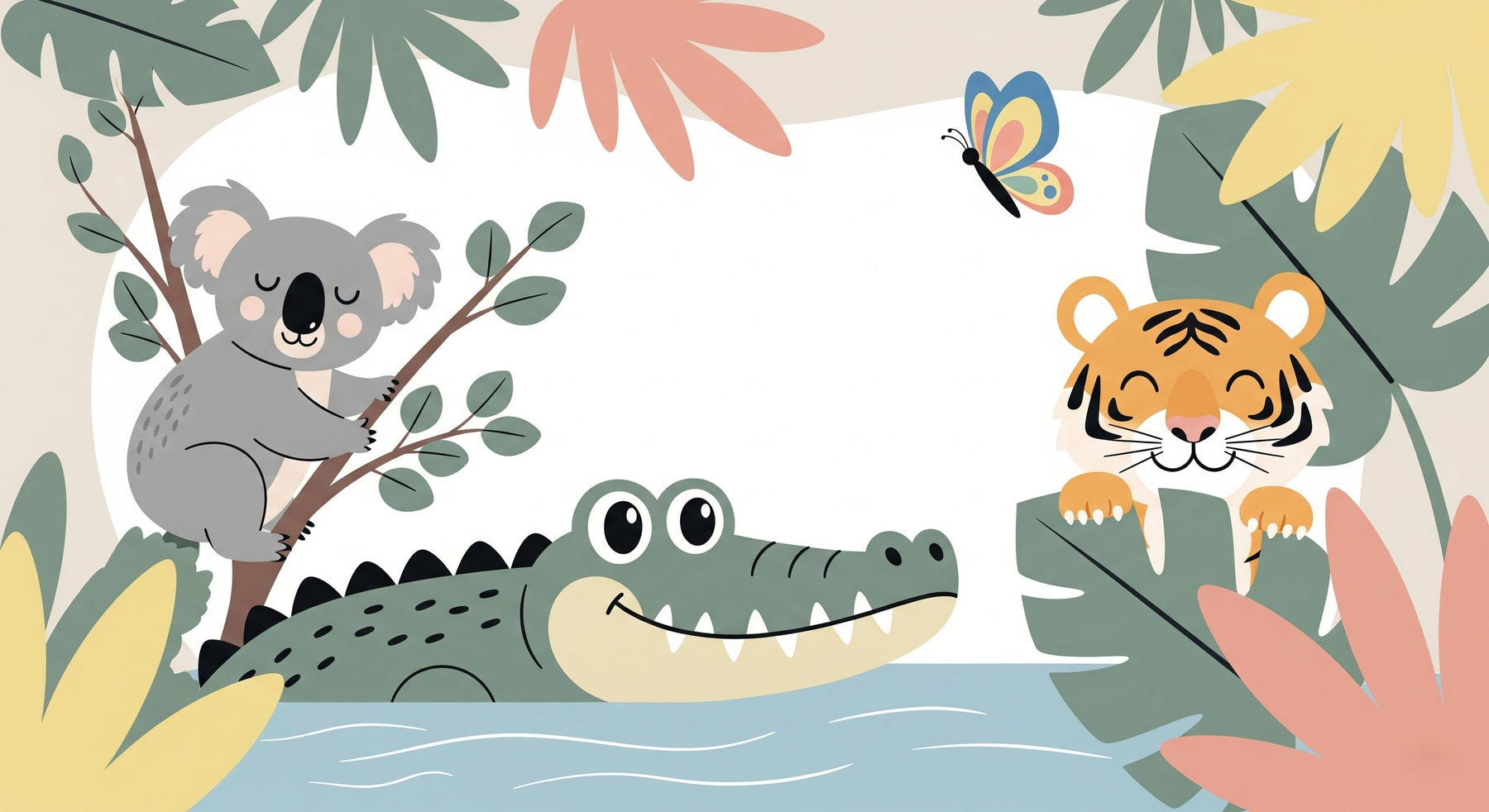 Detailed jungle animals mural wallpaper design pattern with koala, tiger and crocodile by Kids-Mundo