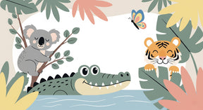 Detailed jungle animals mural wallpaper design pattern with koala, tiger and crocodile by Kids-Mundo