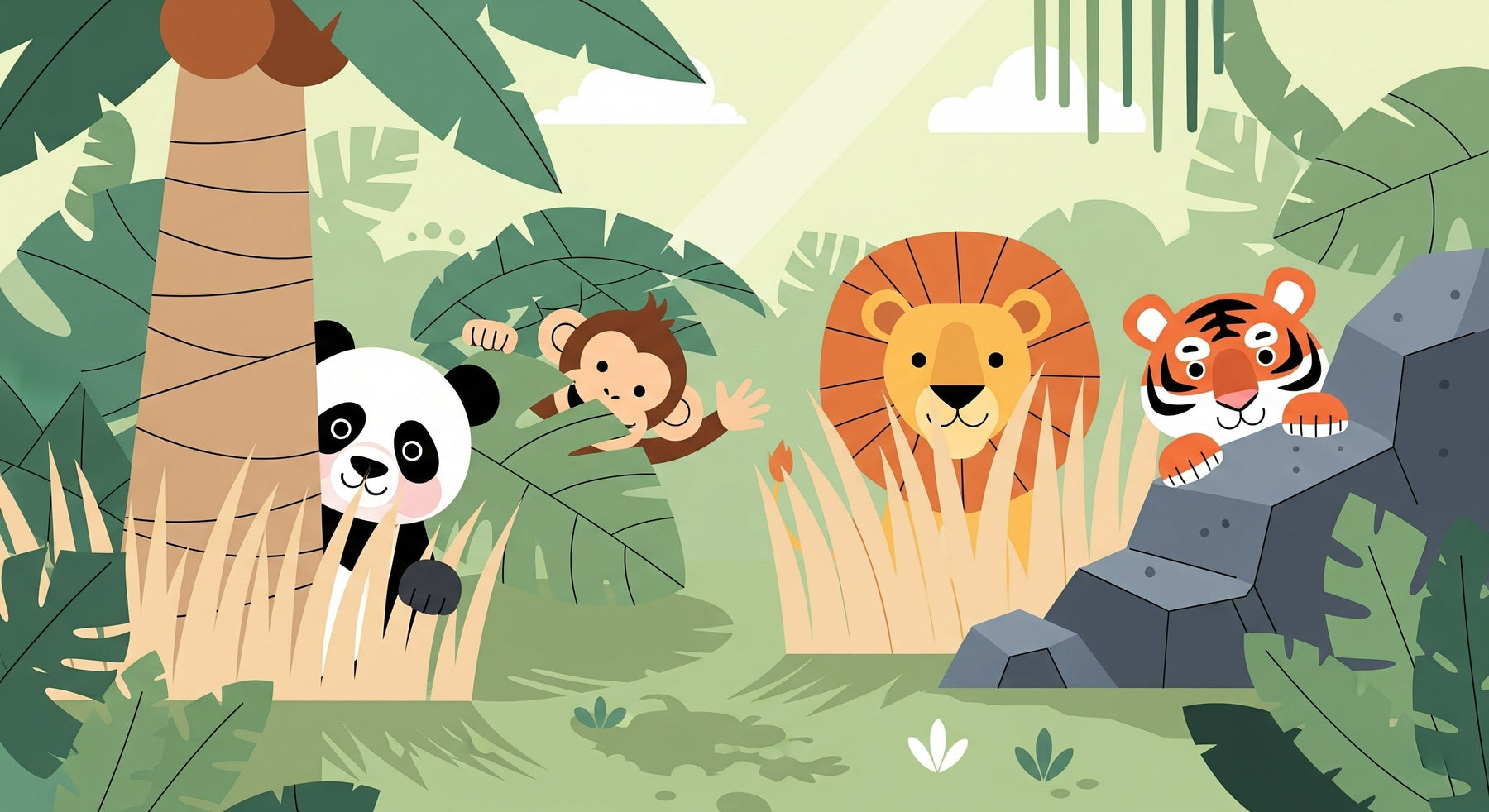 Detailed jungle animals mural wallpaper design pattern with tropical foliage by Kids-Mundo