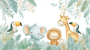 Detailed jungle animals mural wallpaper design pattern showing safari friends and tropical foliage by Kids-Mundo