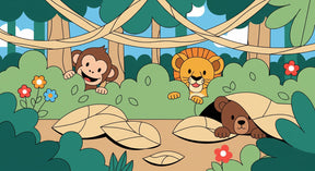 Detailed jungle animals mural wallpaper design pattern with tropical foliage by Kids-Mundo