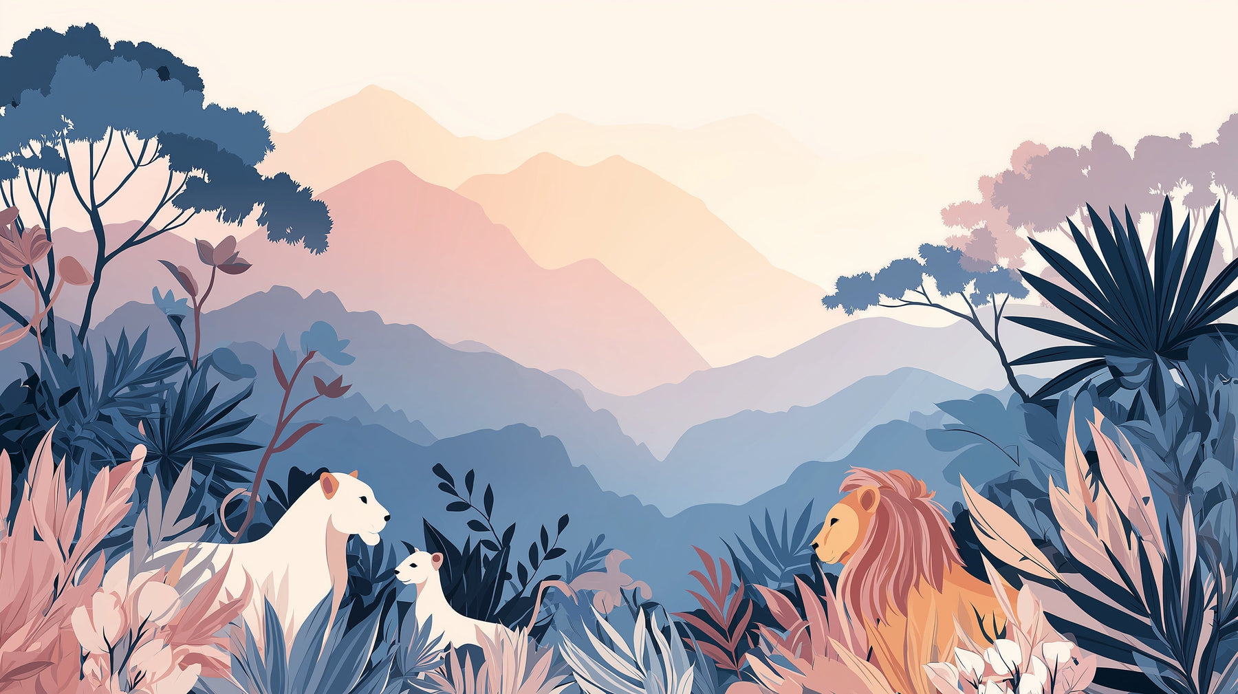 Detailed jungle animals mural wallpaper design pattern with lions and tropical foliage by Kids-Mundo
