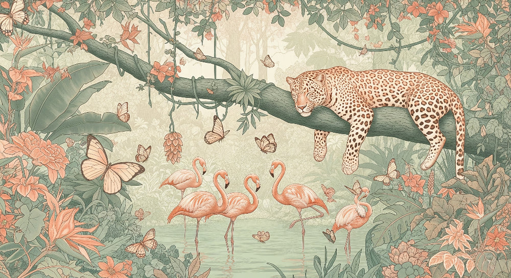 Detailed jungle animals mural wallpaper design pattern with leopard and flamingos by Kids-Mundo