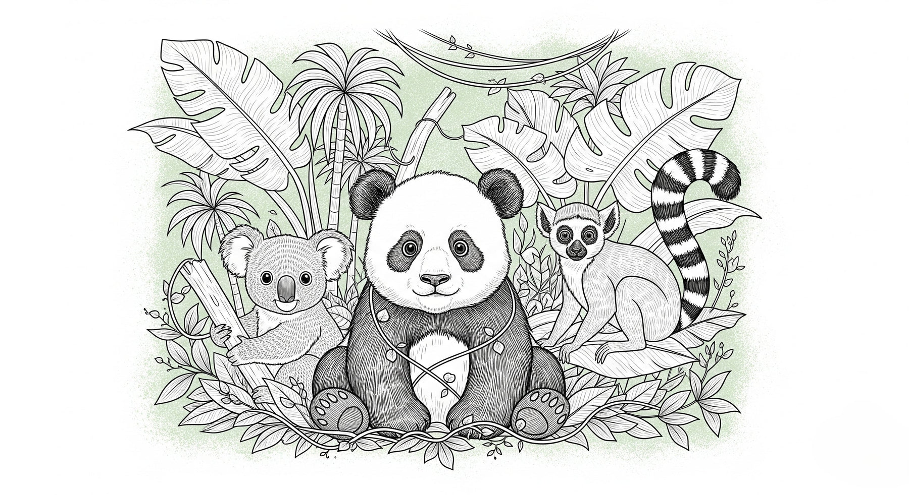 Detailed jungle animals mural wallpaper design pattern with panda koala lemur by Kids-Mundo