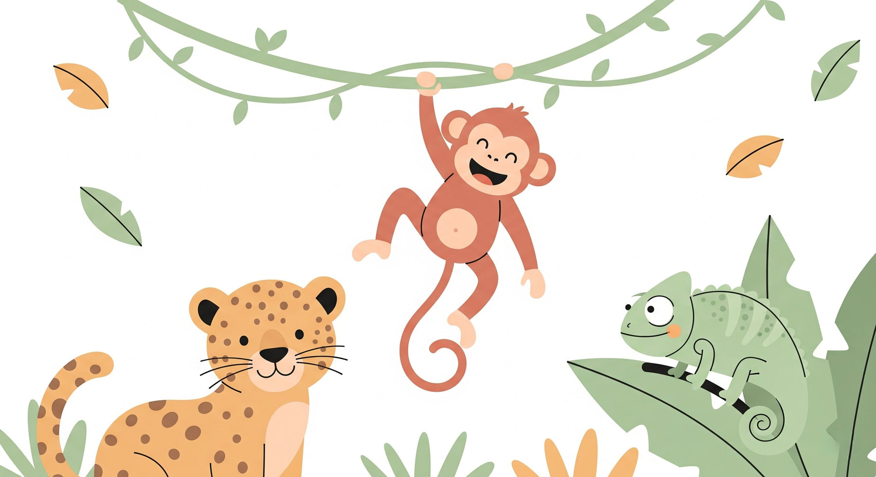 Detailed jungle animals mural wallpaper design pattern with monkey, leopard and chameleon by Kids-Mundo