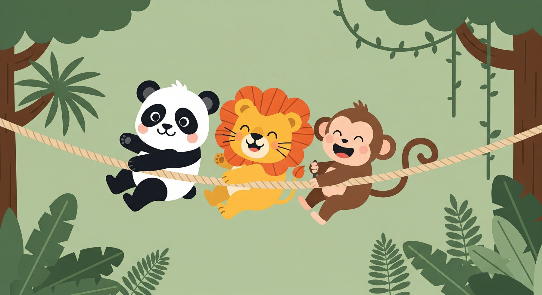 Detailed jungle animals mural wallpaper design pattern showing panda lion monkey by Kids-Mundo