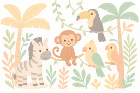 Detailed jungle animals mural wallpaper design pattern with monkey zebra and tropical birds by Kids-Mundo