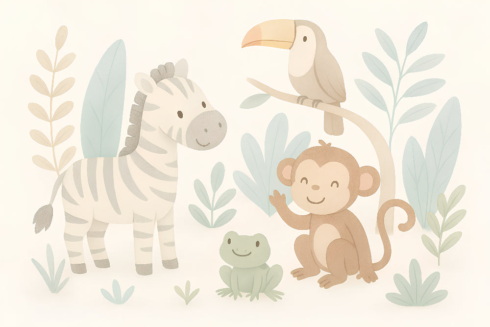 Detailed jungle animals mural wallpaper design pattern with safari characters by Kids-Mundo