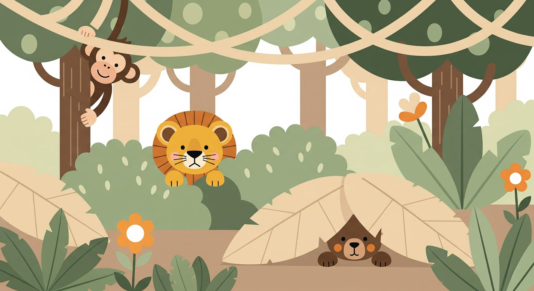 Detailed jungle animals mural wallpaper design pattern featuring monkey and lion by Kids-Mundo