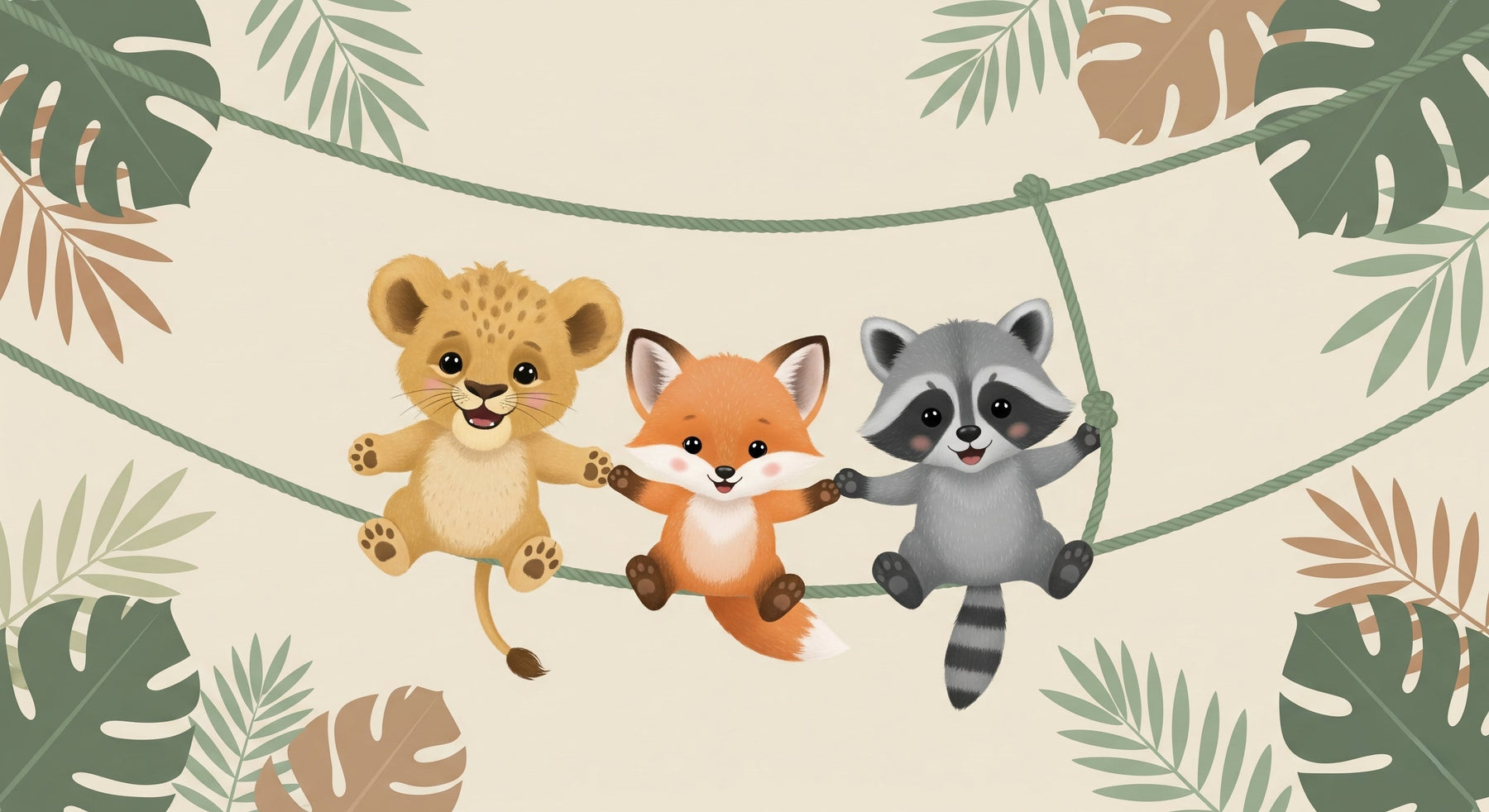 Detailed jungle animals mural wallpaper design pattern with lion fox raccoon by Kids-Mundo