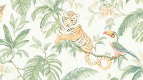 Detailed jungle animals mural wallpaper design pattern featuring tigers and toucans by Kids-Mundo