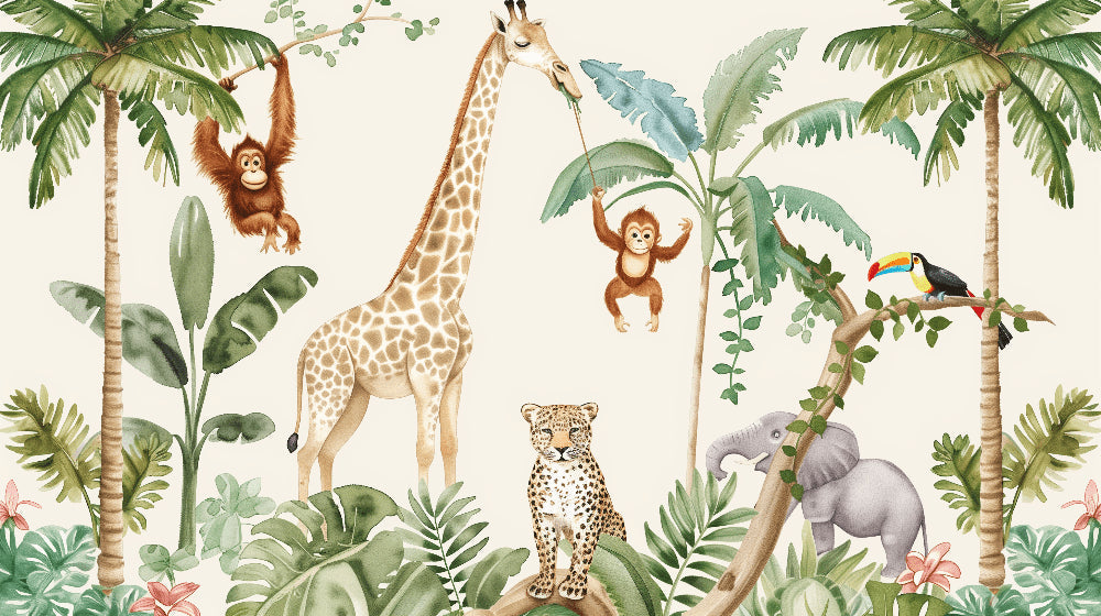 Detailed jungle animals mural wallpaper design pattern with exotic foliage by Kids-Mundo