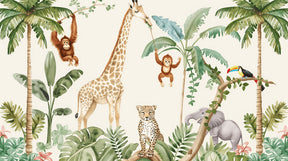 Detailed jungle animals mural wallpaper design pattern with exotic foliage by Kids-Mundo