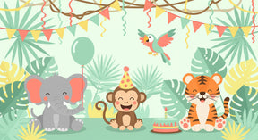 Detailed jungle animals party mural wallpaper design pattern showing elephant, monkey and tiger by Kids-Mundo