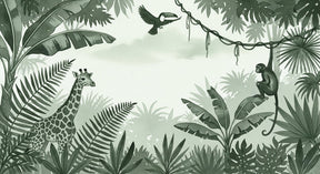 Detailed jungle animals mural wallpaper design pattern featuring giraffe monkey toucan by Kids-Mundo