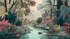 Detailed jungle animals mural wallpaper design pattern with leopards and tropical river by Kids Mundo