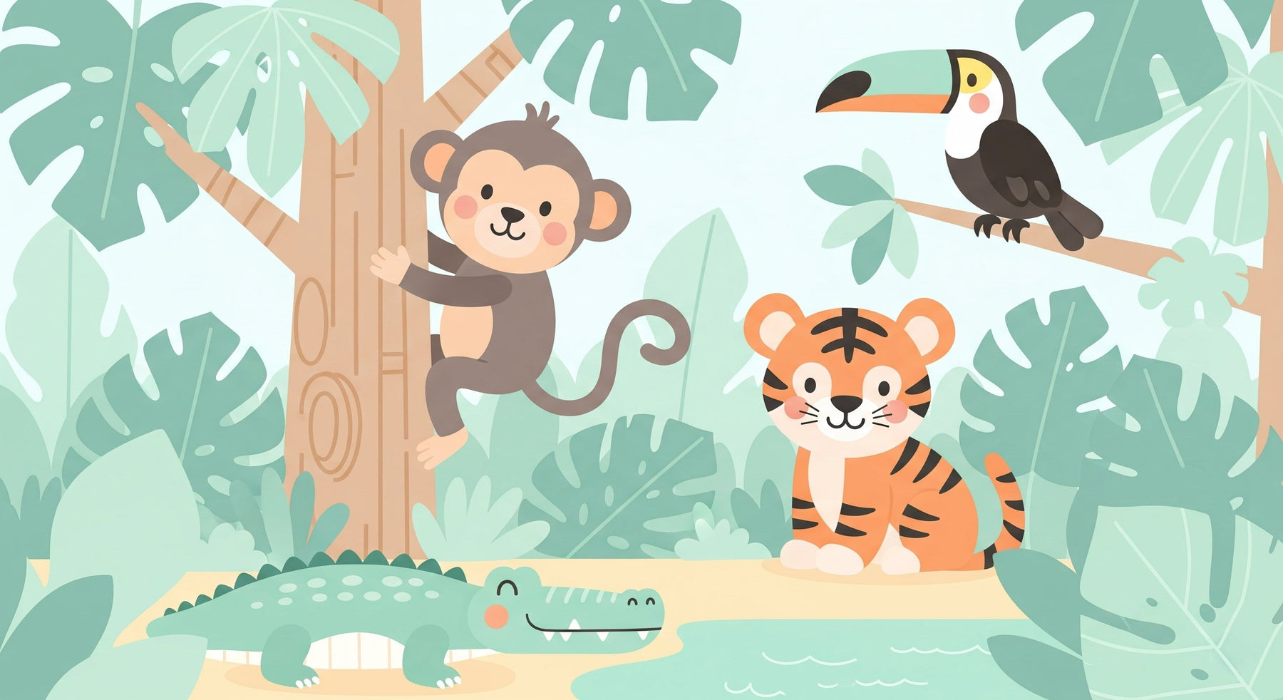 Detailed jungle animals mural wallpaper design pattern with gorilla tiger crocodile toucan by Kids-Mundo