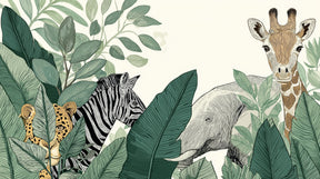 Detailed jungle animals mural wallpaper design pattern with safari creatures and lush foliage by Kids-Mundo