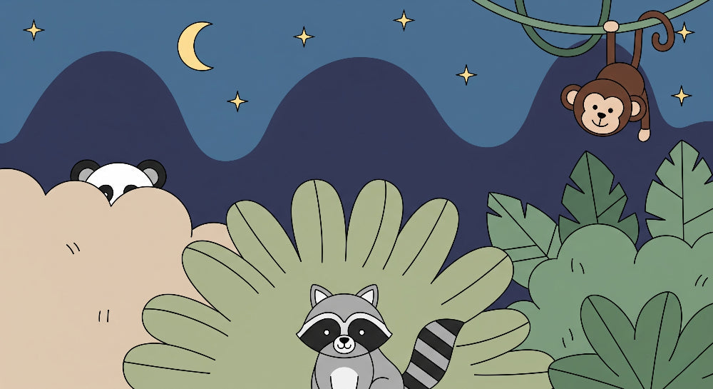 Detailed jungle animals mural wallpaper design pattern showing raccoon, panda and monkey under starry sky by Kids-Mundo