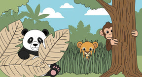 Detailed jungle animals mural wallpaper design pattern featuring panda lion monkey by Kids-Mundo
